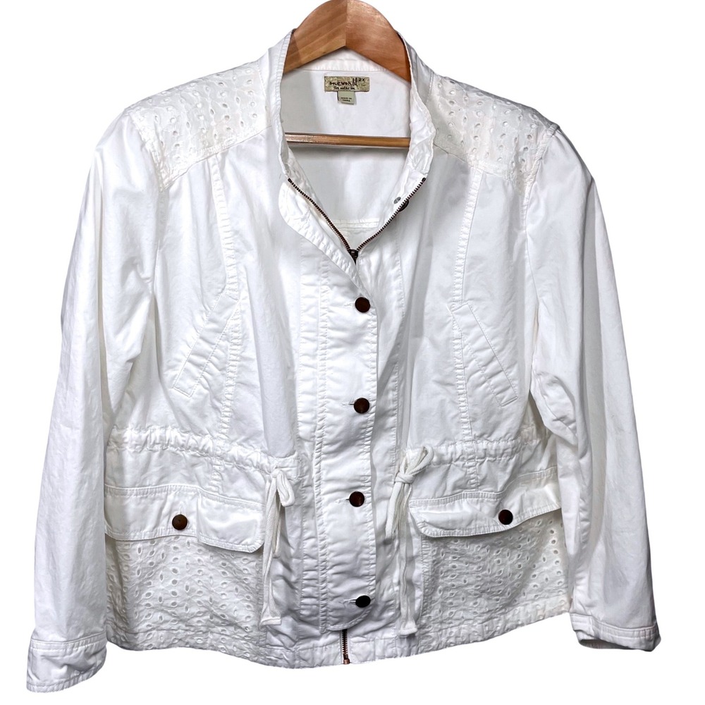 One World Womens 2X White Eyelet Cotton Utility Jacket Drawstring Zip Button
